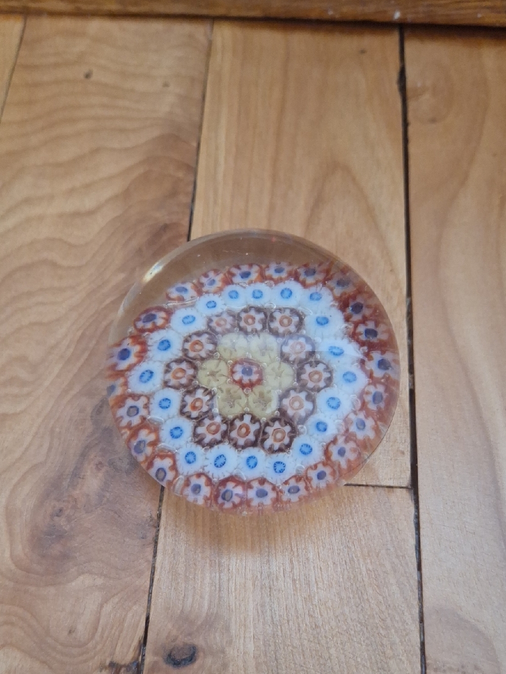 Glass Millefiori Paperweight in Blue, Brown, Yellow